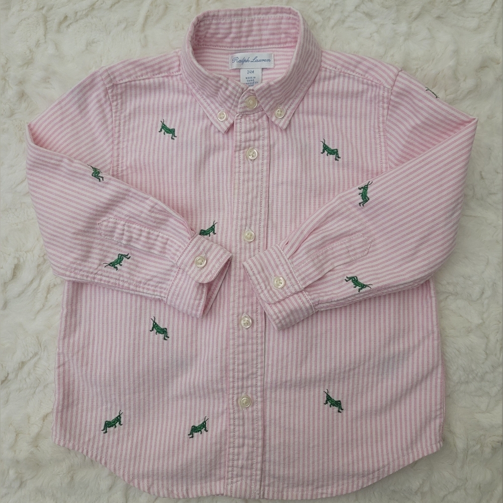 Ralph Lauren Boy Pink/White Striped Shirt w/Grasshopper Embroidery Size 24 Month